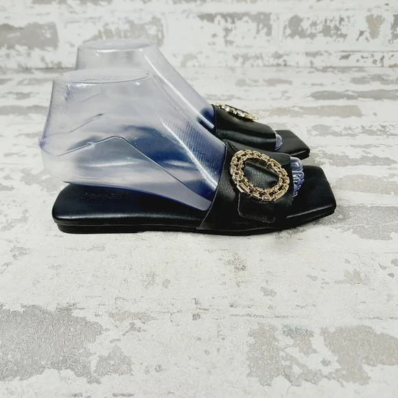 NEW Open Edit Lely Black Faux Leather Square Toe Flat Slide Sandals F68 - Picture 5 of 11